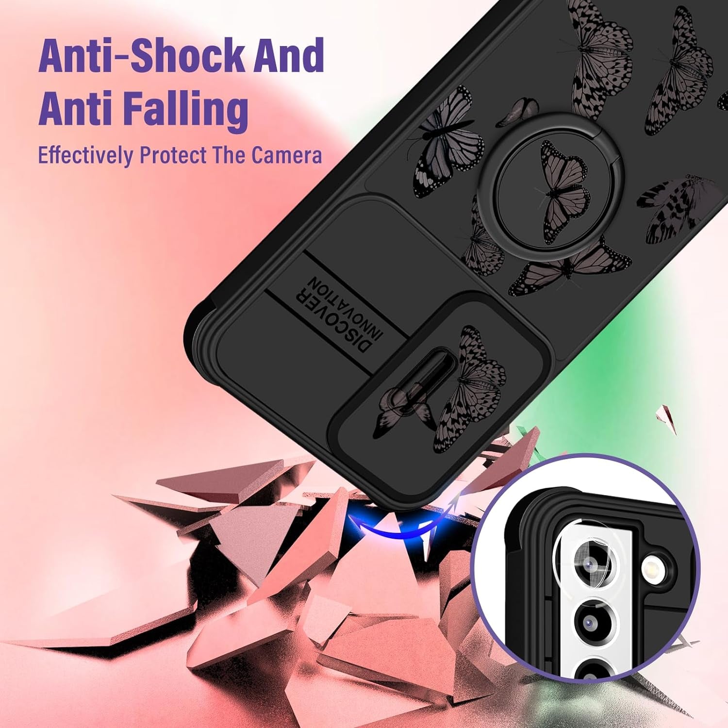 Funermei (2In1 for Samsung Galaxy S22 Case for Girls Women Cute Butterfly Cover Girly Aesthetic Black Pretty Fashion Design with Camera Cover and Ring Stand Funda for Galaxy S22 Phone Cases  Funermei   
