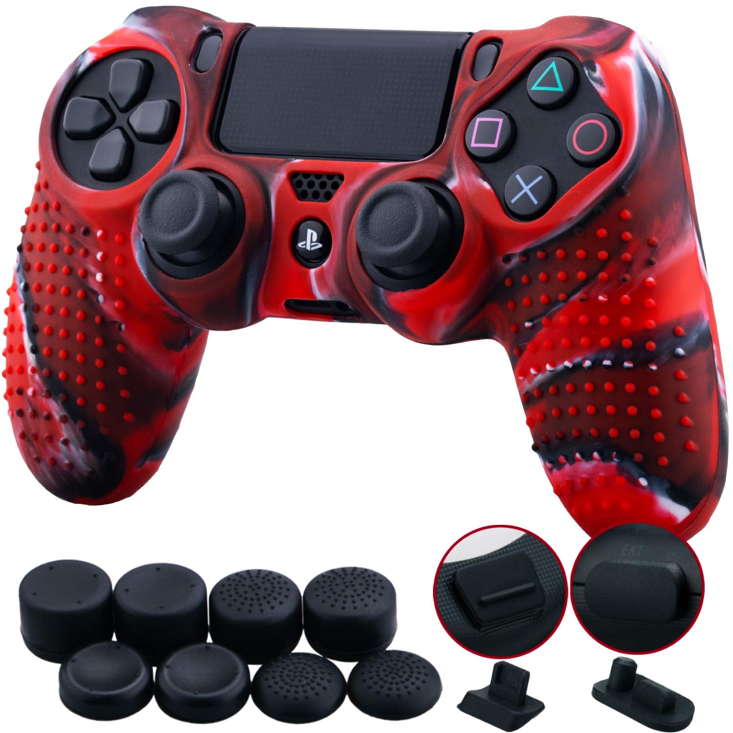 9Cdeer 1 Piece of Silicone Studded Water Transfer Protective Sleeve Case Cover Skin + 8 Thumb Grips Analog Caps + 2 Dust Proof Plugs for Ps4/Slim/Pro Dualshock 4 Controller, Skull Red  9CDeer Camouflage Red studded 