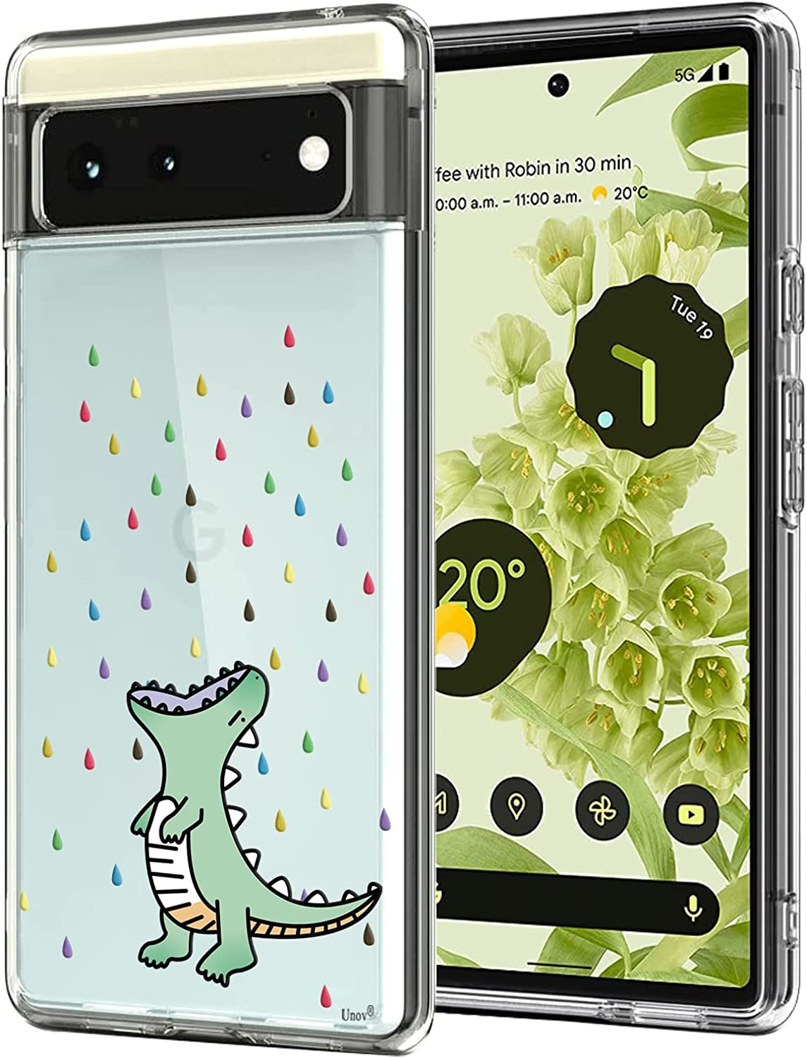 Unov Case Compatible with Pixel 6 Case Clear with Design Soft TPU Shock Absorption Slim Embossed Pattern Protective Back Cover 6.4 Inch (Flower Garden)  Unov Rainbow Dinosaur  