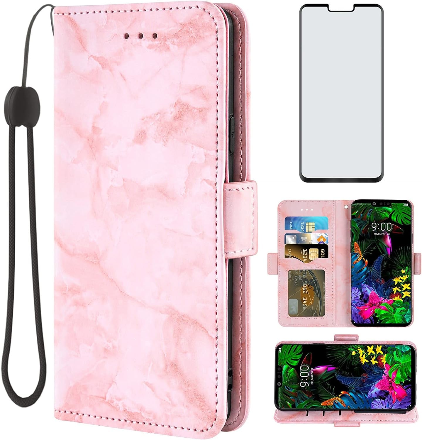 Asuwish Compatible with LG G8 Thinq Case and Tempered Glass Screen Protector Cell Accessories Card Holder Slot Kickstand Marble Wallet Phone Covers for LGG8 Thin Q G 8 LG8 G8Thinq Lgg8Thinq 8G Pink  Asuwish   