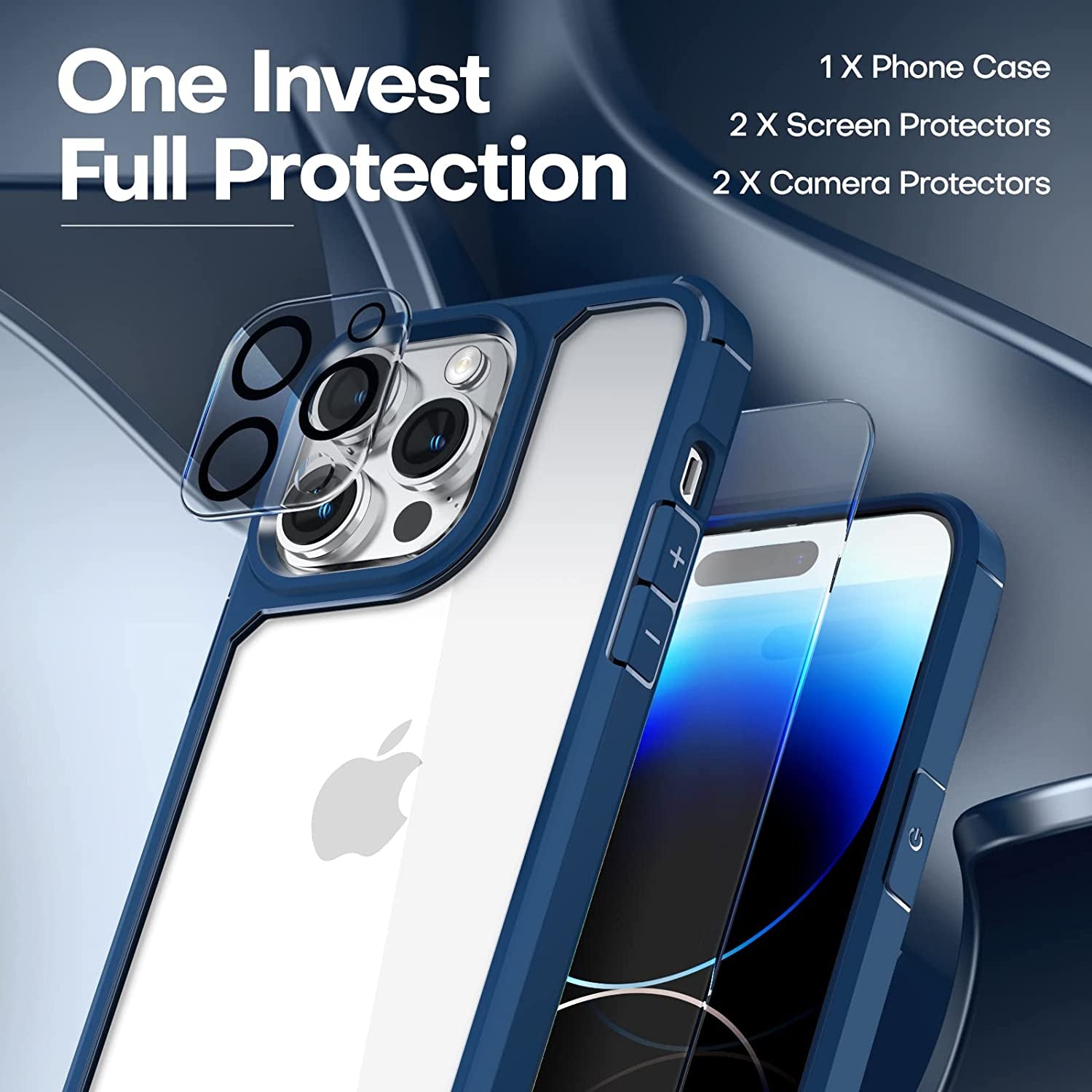 TAURI for Iphone 14 Pro Max Phone Case, [5 in 1] 1X Case [Not-Yellowing] 2X Tempered Glass Screen Protector + 2X Camera Lens Protector, [Military-Grade Drop Protection] Slim Phone Case 6.7 Inch-Blue  TAURI   