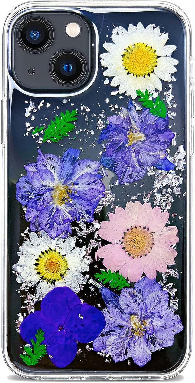 Abbery Designed for Iphone 13 Pressed Flower Case, Cute Clear with Design Soft Silicone Rubber Dried Real Flowers Floral Aesthetic Case for Iphone 13 6.1 Inch (Glitter Blue)  Abbery Daisy Purple Flower  