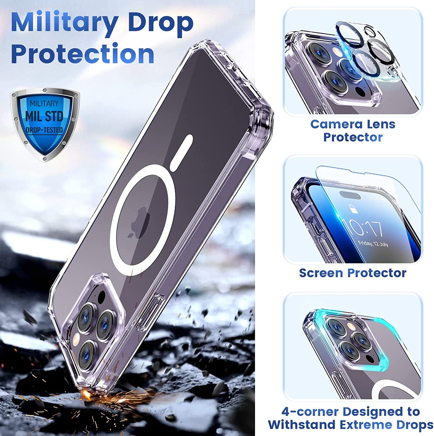 NULETO 【3 in 1】 for Iphone 14 Pro Max Case, Iphone 14 Pro Max Magsafe Case with 9H Tempered Glass Screen Protector & Camera Lens Protector Full-Body Protective Heacy Duty Shockproof Slim Thin - Clear  Nuleto   