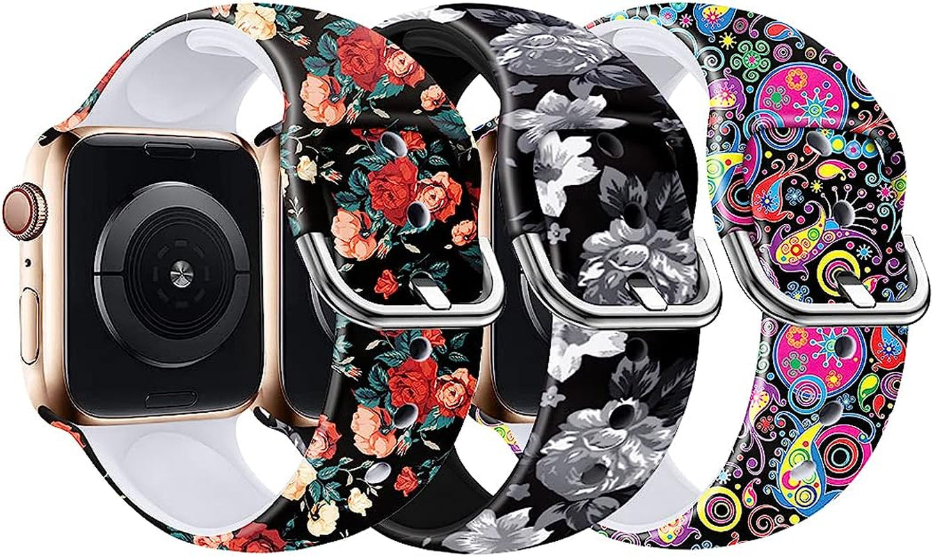 IKANFI Bands Compatible with Apple Watch Band 38Mm 40Mm 41Mm 42Mm 44Mm 45Mm for Women Men Silicone Floral Pattern Printed Band Strap for Iwatch Band SE Series 7 6 5 4 3 2 1 Wristband  IKANFI SBlack Flower/Peony/Jellyfish 42mm/44mm/45mm M/L 