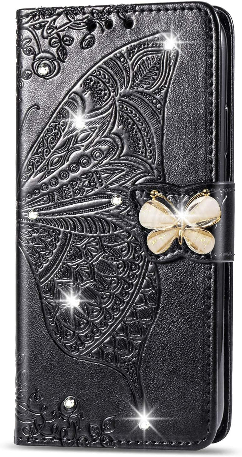ZYZX LG G8 Thinq Wallet Case,3D Butterfly Flower LG G8 Thinq PU Leather Flip Phone Shell, with Credit Cards Slot and Stand Shockproof Magnetic Protective Cover-Hzd  ZYZX Rhinestone Black  
