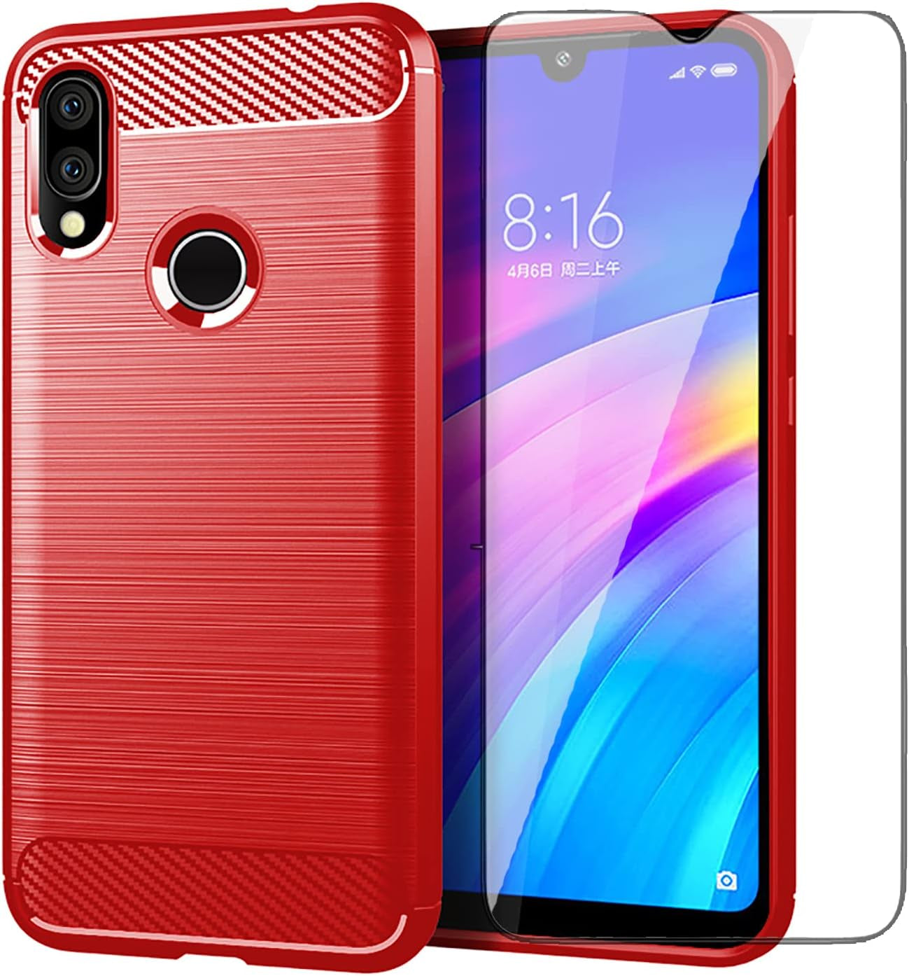 Asuwish Phone Case for Xiaomi Redmi 7/Y3 with Tempered Glass Screen Protector Cover and Cell Accessories Soft Silicone Slim Rubber Full Body Protective Redmi7 Redmiy3 Women Men Carbon Fiber Navy Black  Asuwish Red  