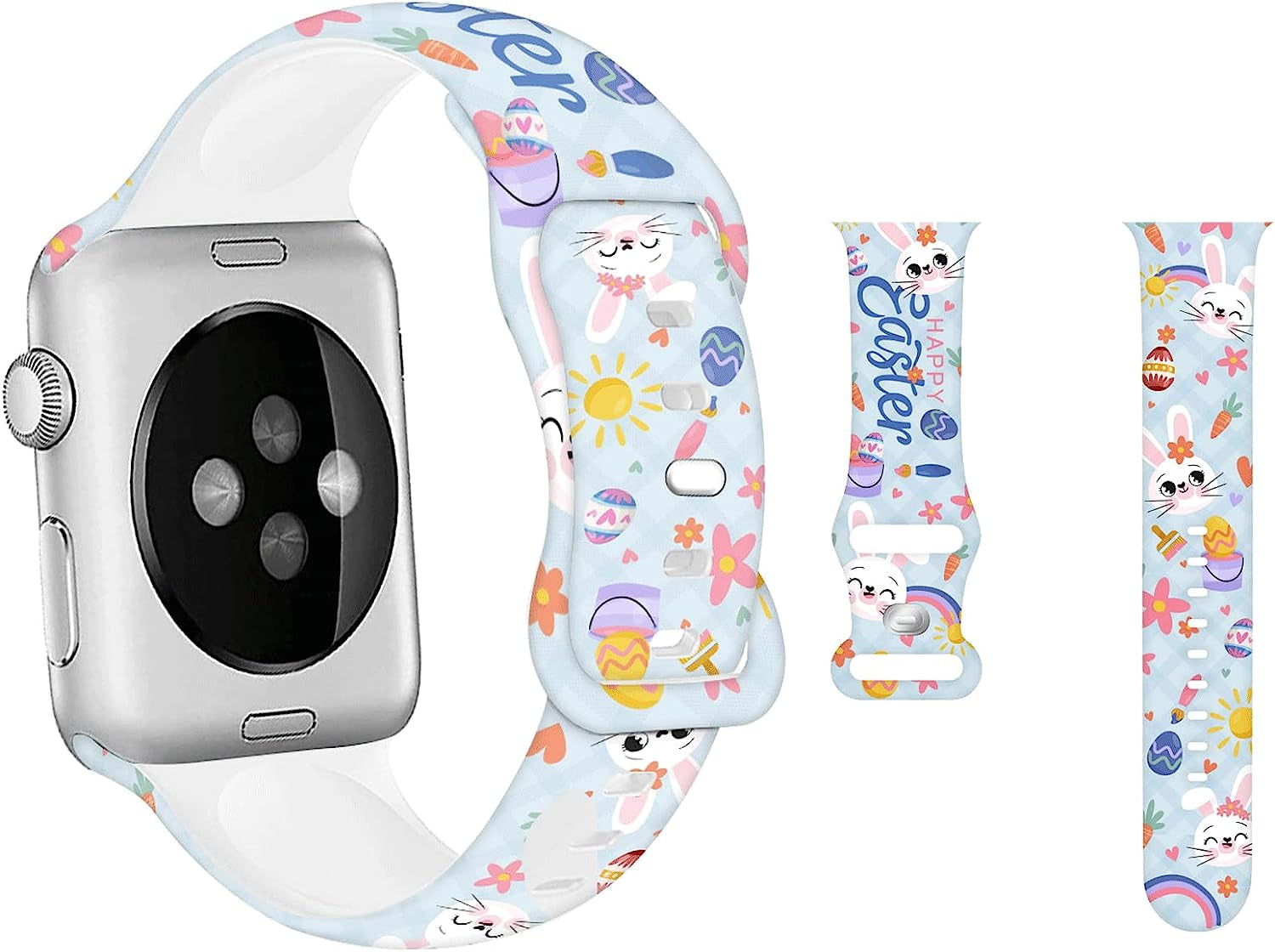 Hi-Yoohere Cute Easter Eggs Bunny Pattern Bands Compatible with Apple Watch 38Mm 40Mm 41Mm S/M, Kids Girls Women Adjustable Soft Silicone Wristband Strap for Iwatch SE & Series 7/6/5/4/3/2/1 (Color 5)  Hi-Yoohere Color 1 42mm/44mm/45mm M/L 