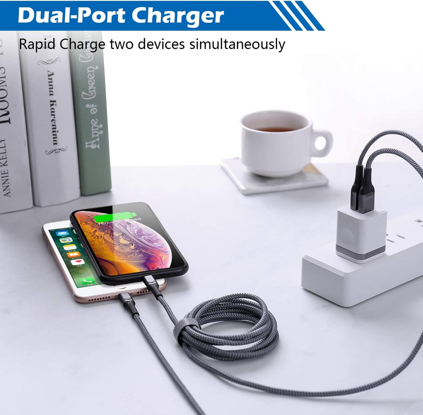 WHIRELEAST Iphone Charger Cable 10 FT with Wall Plug, Braided Long Iphone Charging Cord + Dual USB Wall Charger Block Adapter Compatible with Iphone 12/11/11 Pro Max/Xs/Xr/X/8/7/6 Plus, Ipad (4-Pack)  WHIRELEAST   