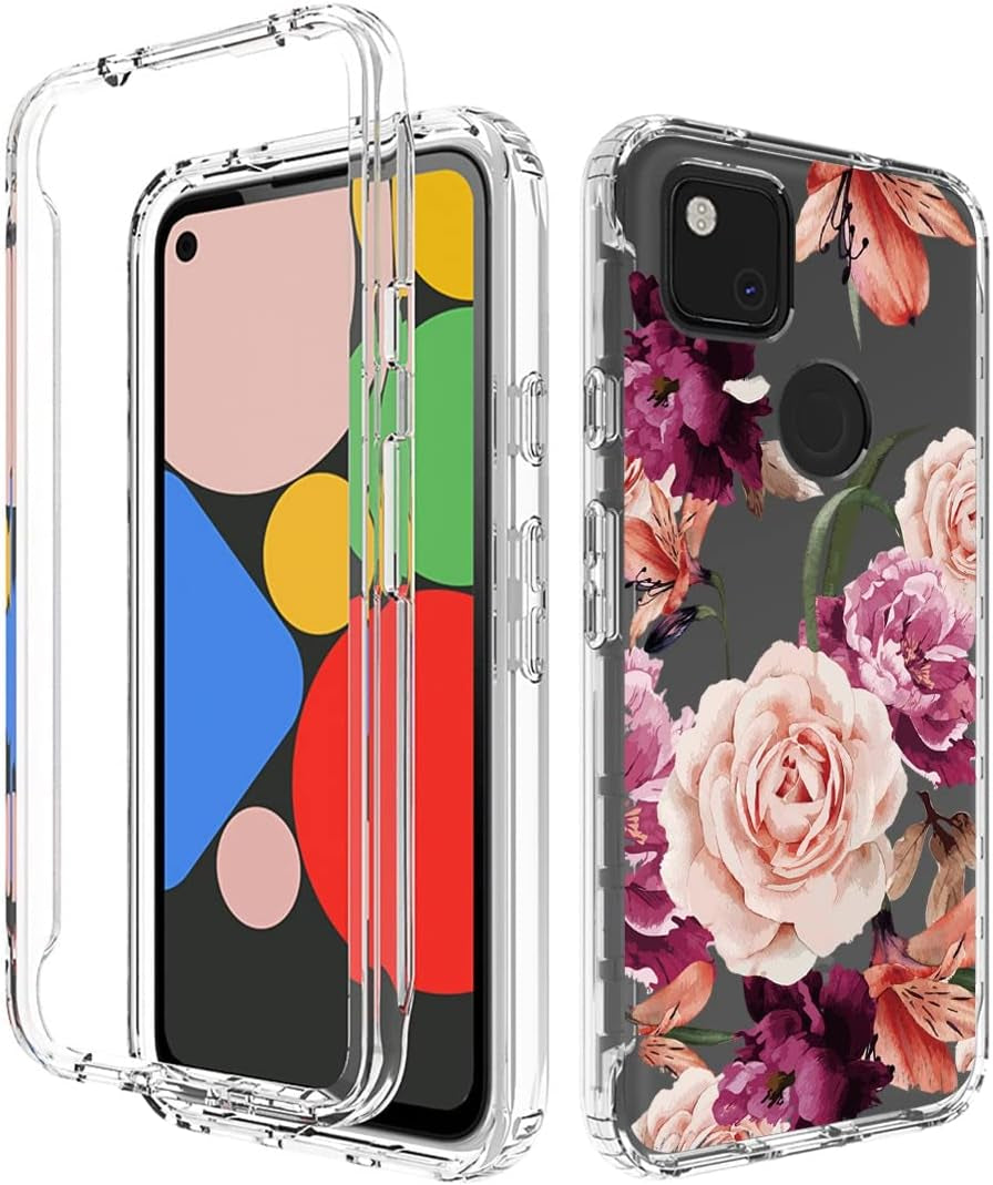 Ueokeird Case for Google Pixel 4A (Not Fit 4A 5G) G025J Case with Tempered-Glass Screen Protector, Cute Clear Floral Pattern Full Body Protective Phone Cover Cases for Google Pixel 4A (Purple Flower)  Ueokeird   