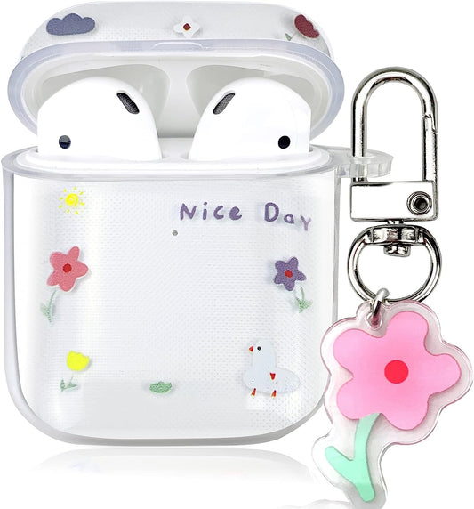 AIIEKZ Compatible with Airpods Case Cover, Kawaii Clear Soft TPU Case with Cute Pendant Keychain for Airpods 1&2 Generation Case for Girls Women (Pink Flower)  AIIEKZ   