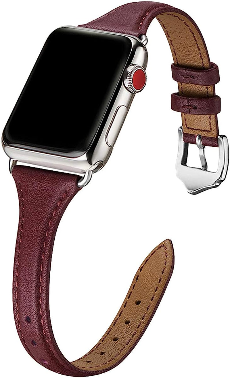 WFEAGL Leather Bands Compatible with Apple Watch Band 38Mm 40Mm 41Mm 42Mm 44Mm 45Mm 49Mm Women, Top Grain Leather Strap Slim & Thin Replacement Wristband for Iwatch Ultra SE & Series 8 7 6 5 4 3 2 1  WFEAGL Wine/Silver 42mm 44mm 45mm 49mm 