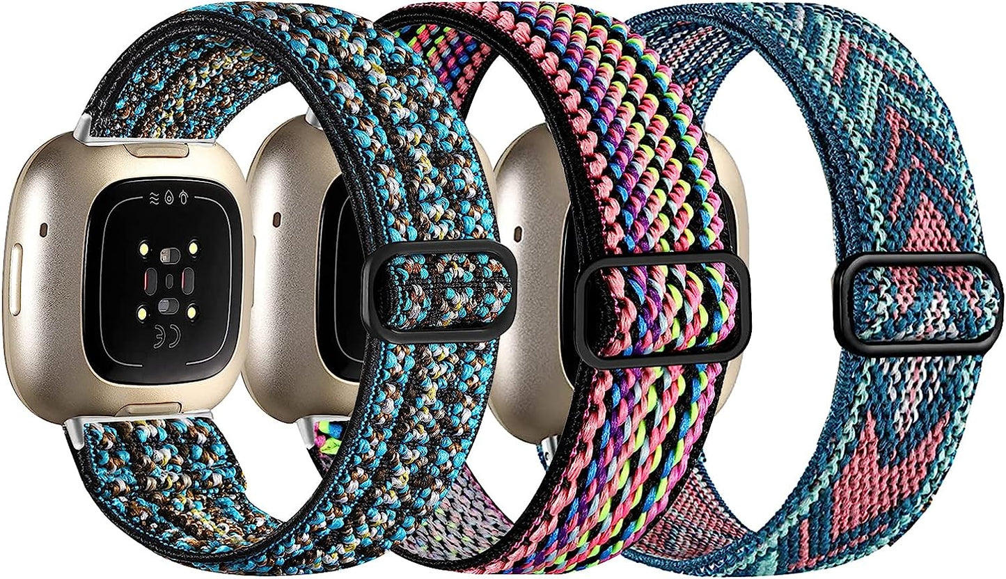 3 Pack Elastic Nylon Bands Compatible with Fitbit Sense/Versa 3, Soft Adjustable Breathable Sport Replacement Wristbands Straps for Woman Man  voma Elastic Nylon: Rainbow/ Boho Blue/ Green Arrow  