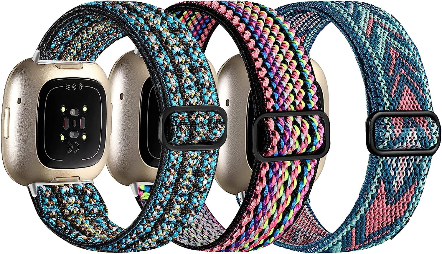 3 Pack Elastic Nylon Bands Compatible with Fitbit Sense/Versa 3, Soft Adjustable Breathable Sport Replacement Wristbands Straps for Woman Man  voma Elastic Nylon: Rainbow/ Boho Blue/ Green Arrow  