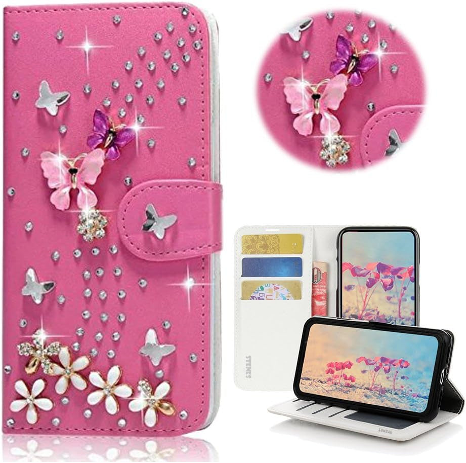 STENES LG G6 Case, LG G6 plus Case - STYLISH - 3D Handmade Bling Crystal Dance Butterfly Design Wallet Credit Card Slots Fold Stand Leather Cover Case for LG G6/LG G6 plus - Pink  STENES S-Link Butterfly Floral / Hot Red  