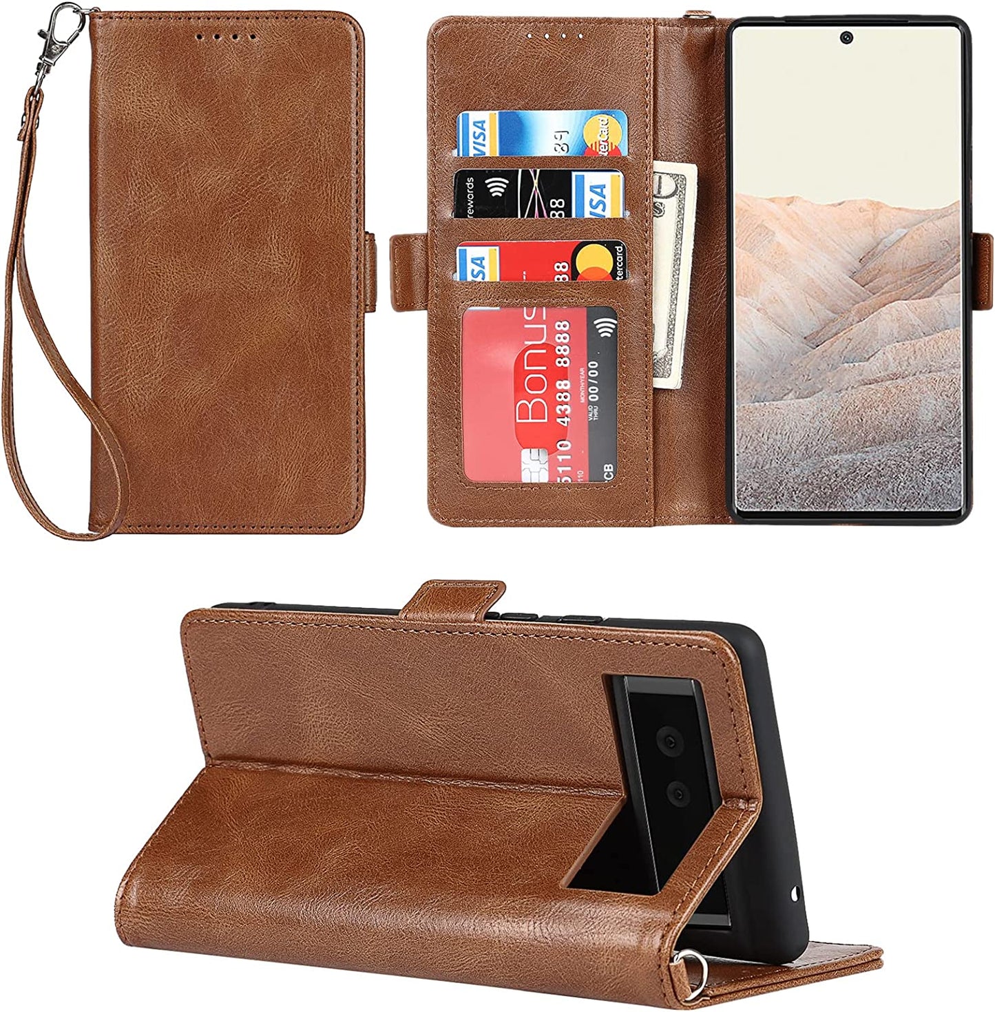 Ｈａｖａｙａ Google Pixel 6 Pro 5G 6.7" Case Zipper Wallet- with 6 Card Holder [RFID Blocking]- Detachable 2-In-1-Wristband Lanyard - for Women and Men-Wireless Charger Compatible Flip Folio Cover-Purple  Ｈａｖａｙａ Brown Google Pixel 6 5G 