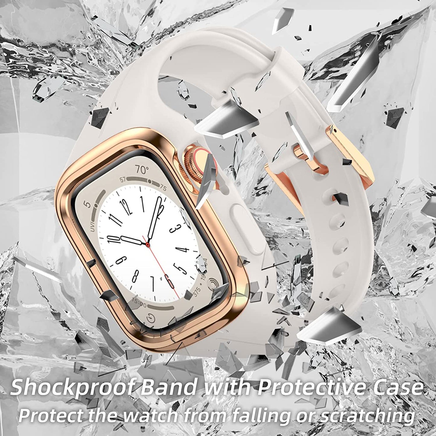 OUHENG Compatible with Apple Watch Band 41Mm 40Mm 38Mm with Bumper Case, Women Sport Strap with Rugged Metal Edge Bumper and Silicone Cover for Iwatch Series 8 7 6 SE 5 4 3 2 1, Starlight/Rose Gold  OUHENG   