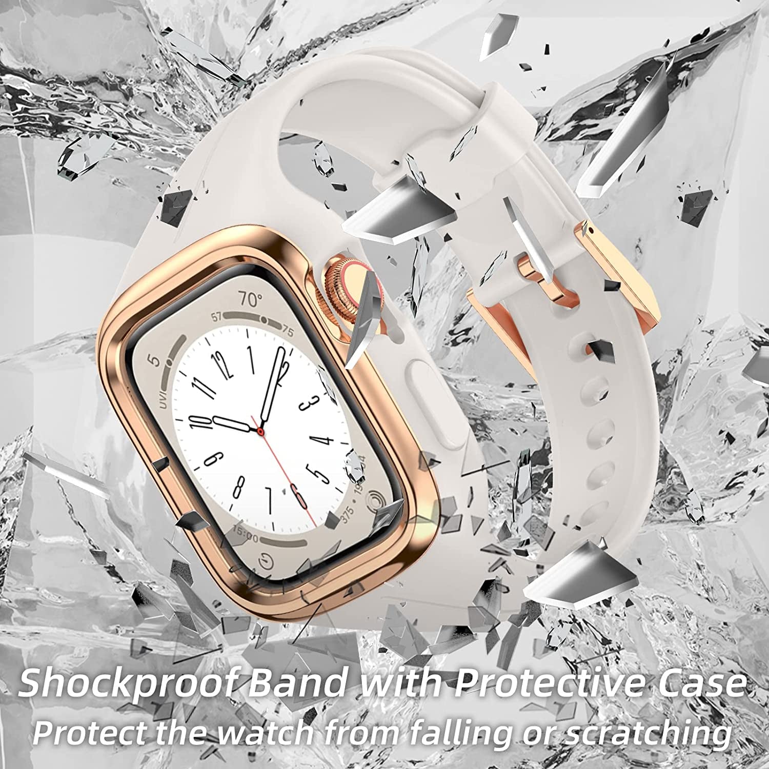 OUHENG Compatible with Apple Watch Band 41Mm 40Mm 38Mm with Bumper Case, Women Sport Strap with Rugged Metal Edge Bumper and Silicone Cover for Iwatch Series 8 7 6 SE 5 4 3 2 1, Starlight/Rose Gold  OUHENG   