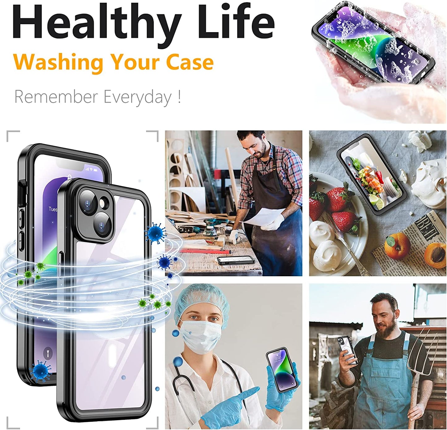 Temdan for Iphone 14 plus Case Waterproof,Built-In 9H Tempered Glass Screen Protector [Real 360][IP68 Underwater][14Ft Military Dropproof][Dustproof][Compatible with Magsafe] - Black/Clear  Temdan   