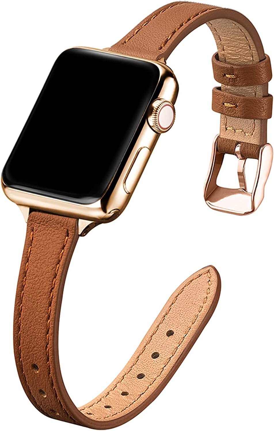 STIROLL Slim Leather Bands Compatible with Apple Watch Band 38Mm 40Mm 41Mm 42Mm 44Mm 45Mm 49Mm, Top Grain Leather Watch Thin Wristband for Iwatch Ultra SE Series 8/7/6/5/4/3/2/1  STIROLL Brown with Gold 42mm/44mm/45mm/49mm 