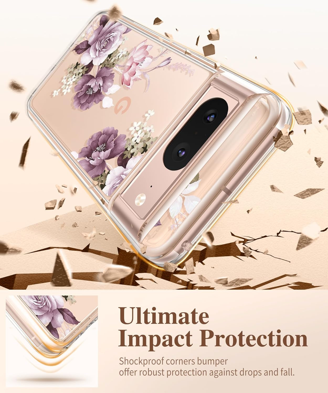 GVIEWIN Compatible with Google Pixel 8 Case with 2X Screen Protector, Clear Floral Slim Shockproof Protective Hard PC+TPU Bumper Flower Women Phone Case Cover 6.2'' 2023 (Cherry Blossoms/Purple)  GVIEWIN   