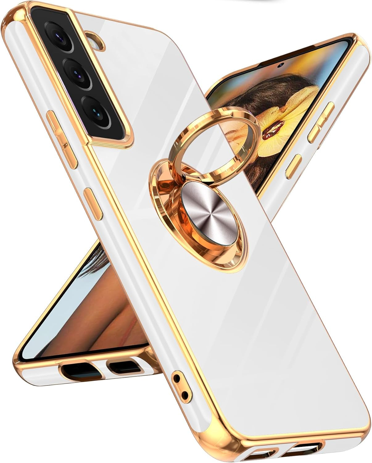 Leyi for Samsung Galaxy S22 plus Case 360° Rotatable Ring Holder Magnetic Kickstand, Plating Rose Gold Edge Protective Galaxy S22 Plus/ S22+ Case, Black  LeYi White Samsung Galaxy S22 