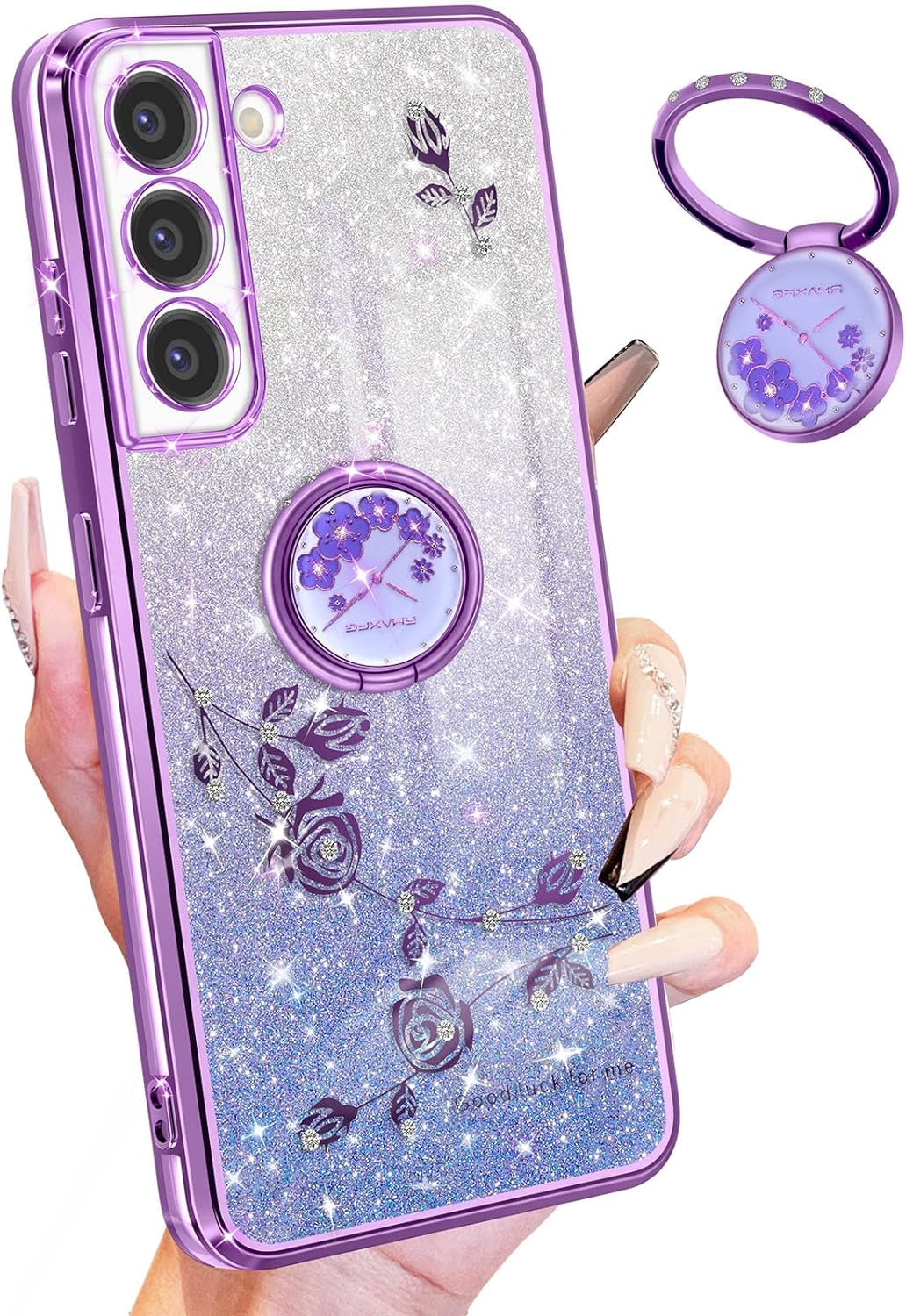Coralogo (3In1 for Samsung Galaxy S21 Ultra Case Glitter Sparkly for Women Girls Sparkle Girly Bling Shiny Cover Cute Flowers Flora Unique Design with Ring Pretty Cases for Galaxy S21 Ultra 5G 6.8''  Coralogo Purple For Samsung Galaxy S21 Fe 