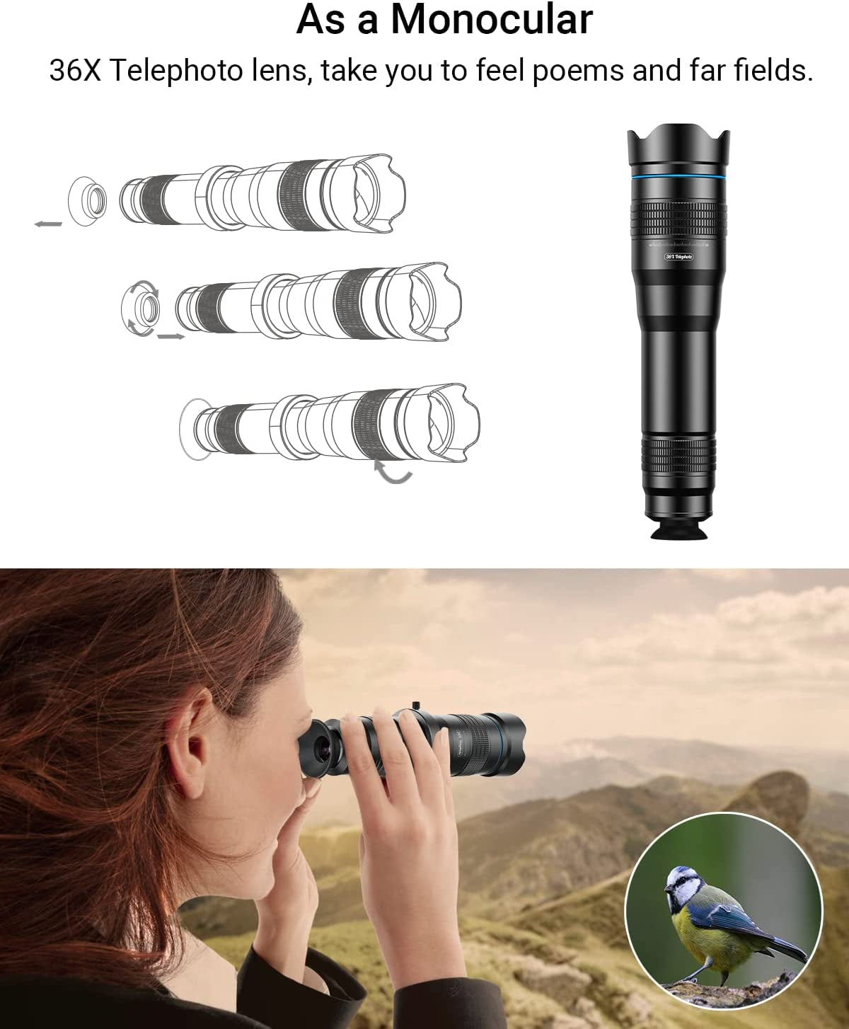 36X Telephoto Lens, High Power HD Telephoto Phone Lens with Tripod and Phone Clip, for Android & Iphone and Almost All Smartphones, Have Fun Shooting  Evil eye   