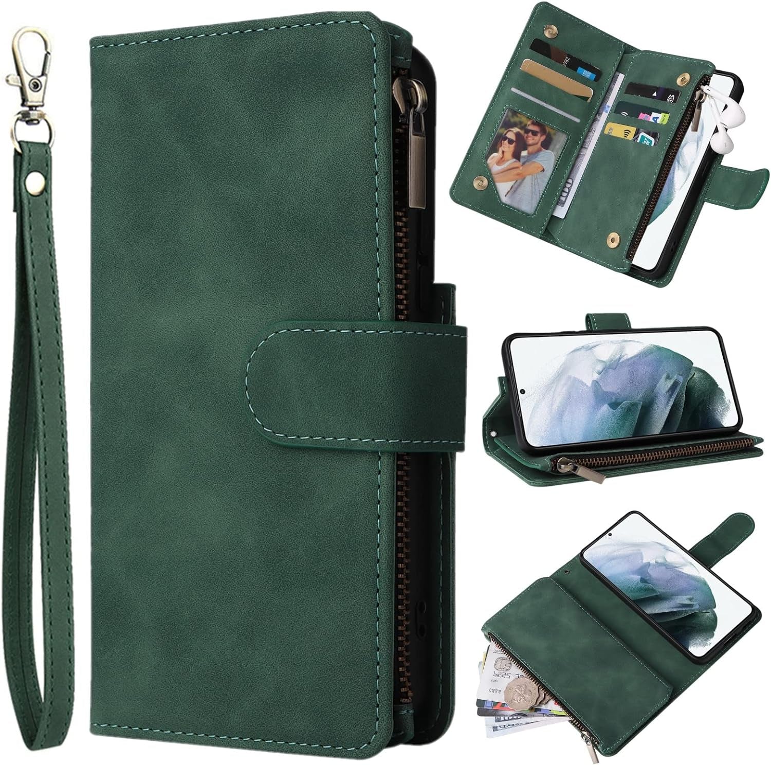 ZZXX Samsung Galaxy S22 Case Wallet with Card Slot Premium Soft PU Leather Zipper Flip Folio Wallet with Wrist Strap Kickstand Protective for Galaxy S22 Wallet Case(Coffee-6.1 Inch)  ZZXX Green Samsung Galaxy S22 5G 