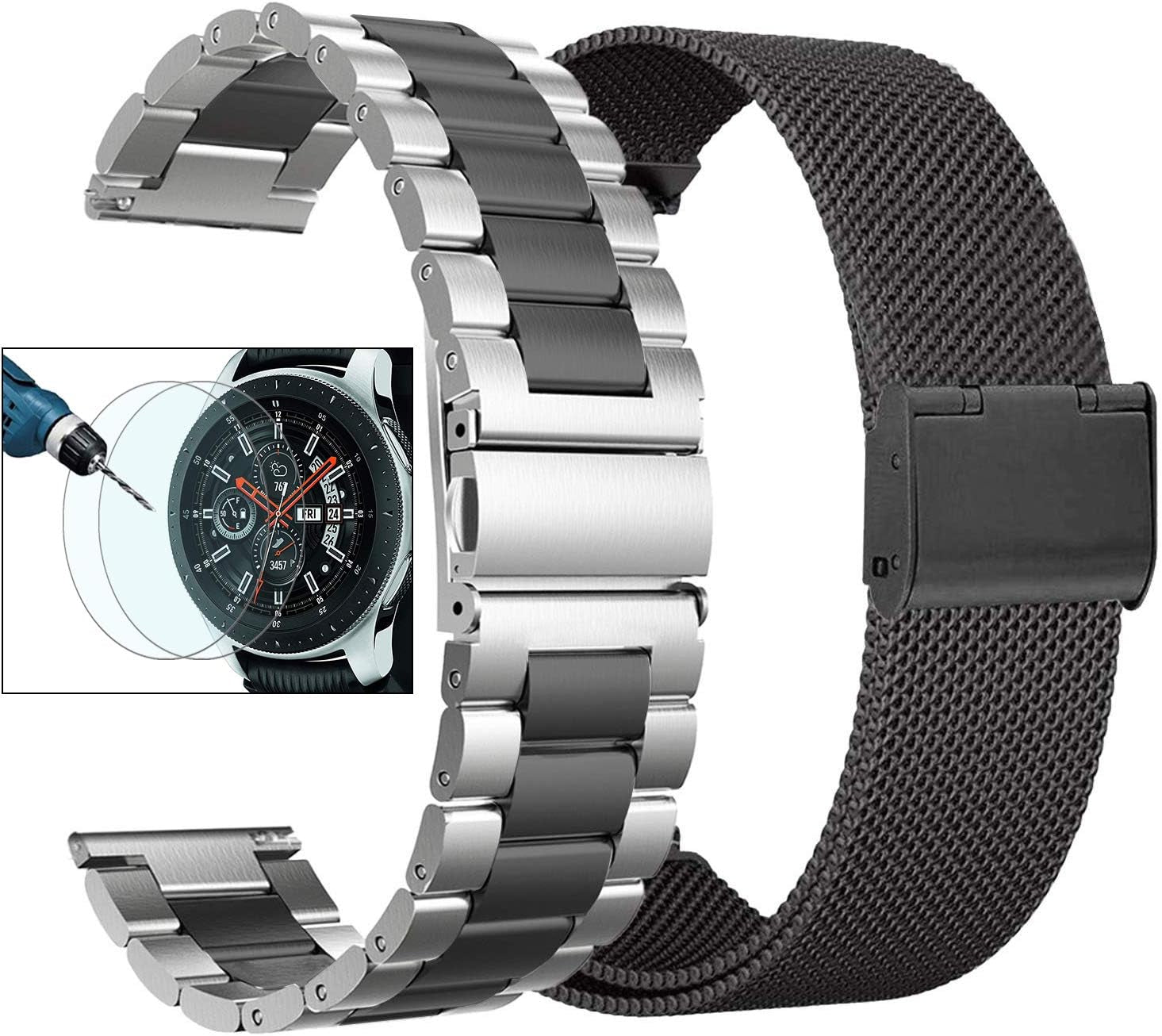 Valkit Compatible Samsung Galaxy Watch 42Mm/Galaxy Watch 5/4 40Mm 44Mm/Galaxy Watch Pro 5 45Mm/Galaxy Watch 3 41Mm Band, 2 Pack 20Mm Stainless Steel Wristbands Men Women for Galaxy Watch Active  VKT Sliver/Black+Black 41mm/42mm 