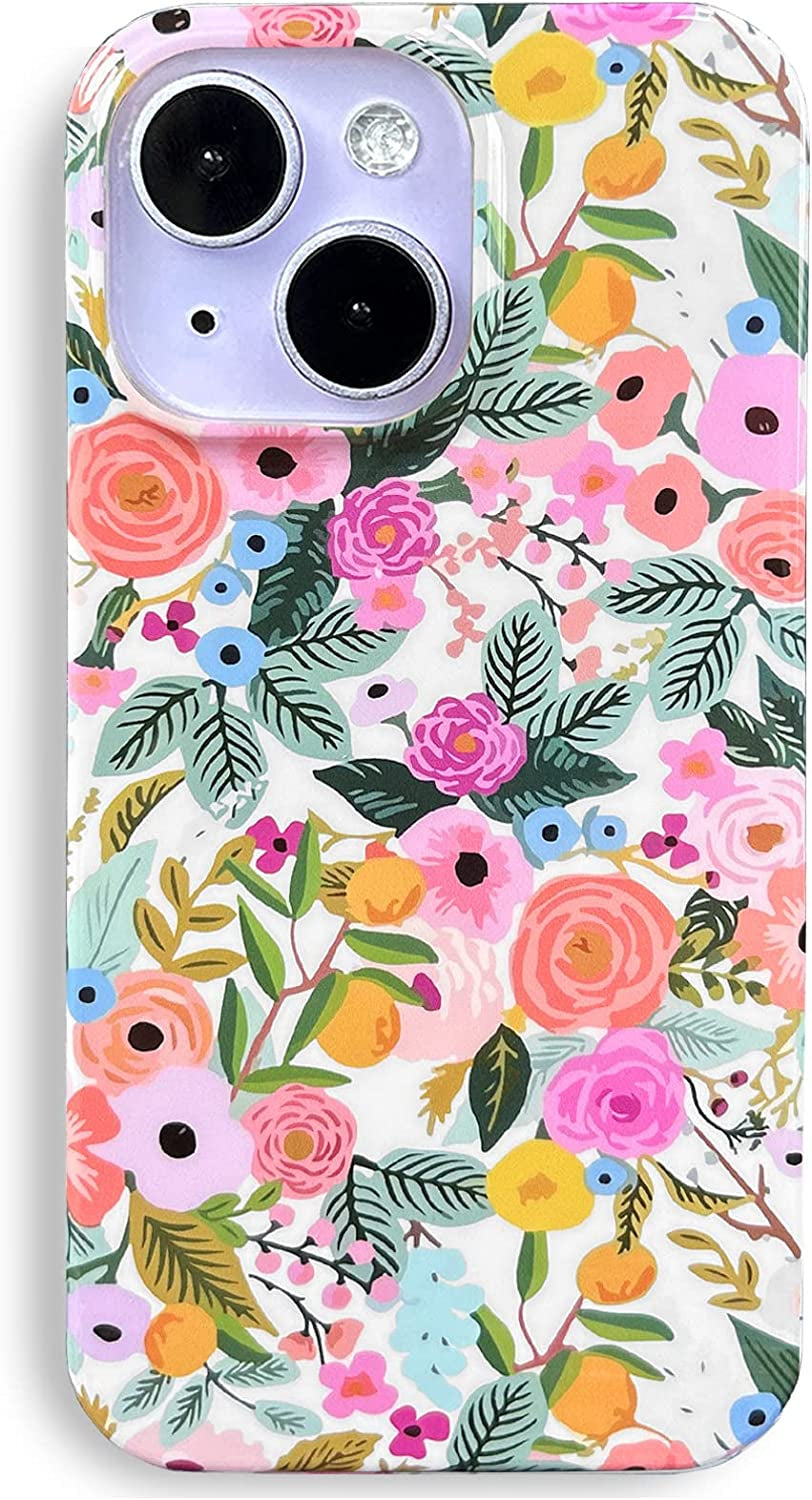 J.West Compatible with Iphone 14 Case 6.1" Cute Boho Style Leaf Soft Silicone Rubber Shockproof Cute Floral Pattern Design Slim Fit Anti-Scratch Phone Protective Case Cover for Women Girl Pink Blue  J.west Garden Rose  