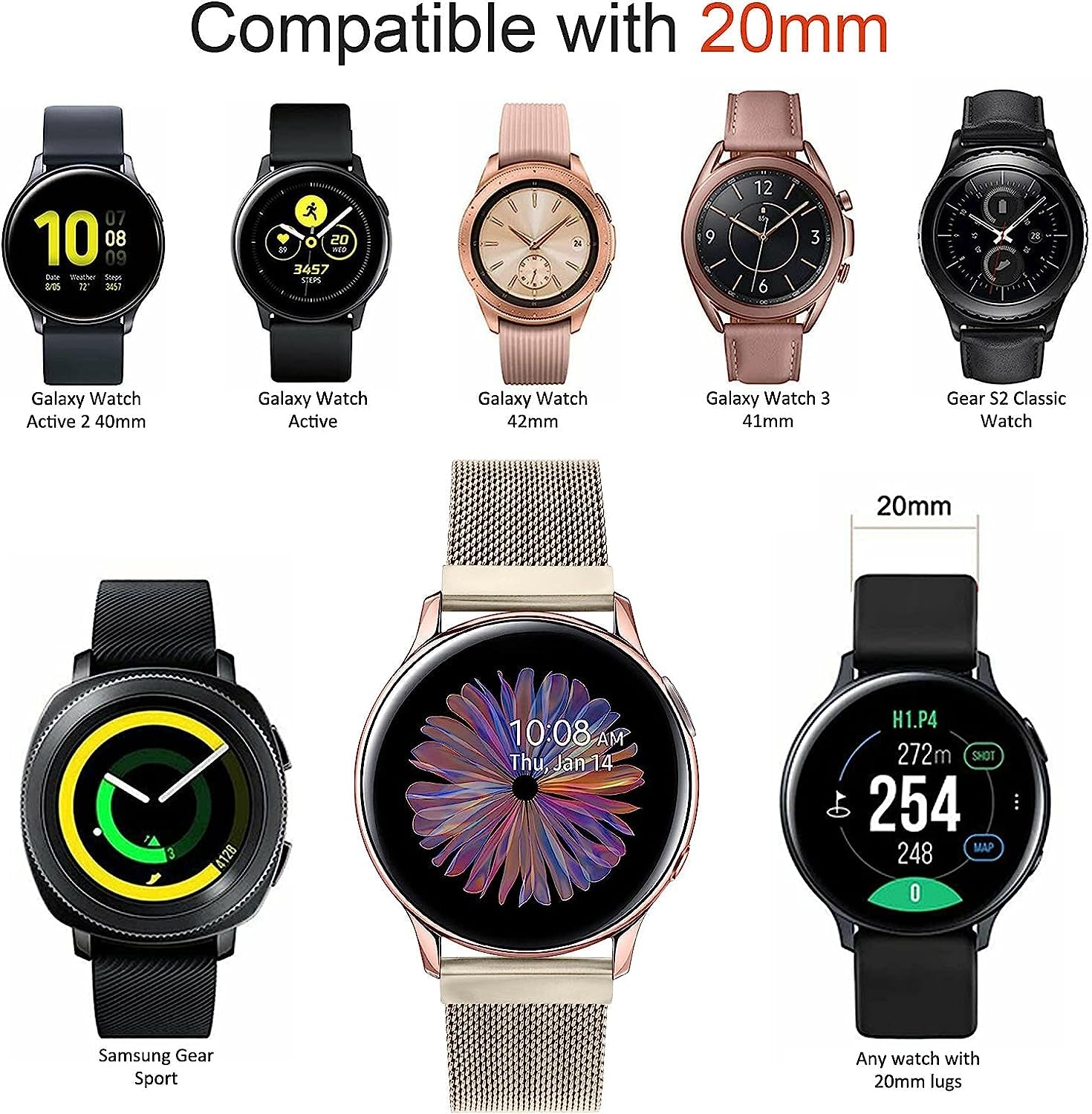 YILED Metal Bands for Samsung Galaxy Watch Active 2 40Mm 44Mm / Galaxy Watch Active, 20Mm Stainless Steel Mesh Watch Strap for Galaxy Watch 3 41Mm / Galaxy Watch 42Mm  YILED   