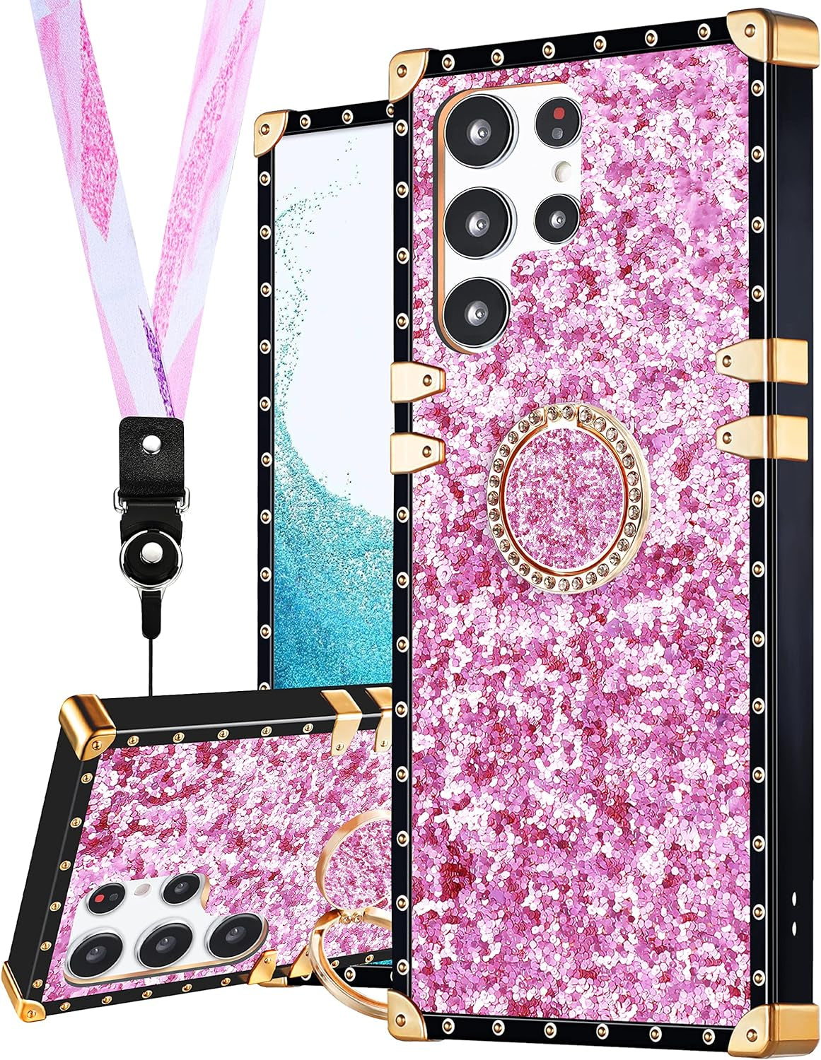 Loheckle for Samsung Galaxy S22 Ultra Case for Women Girls with Ring Stand Holder and Lanyard, Marble Camo Retro Luxury Glamour Cute Square Edges Phone Cover for S22 Ultra  JianKeJi 5-Glitterpink-S22-Ultra  