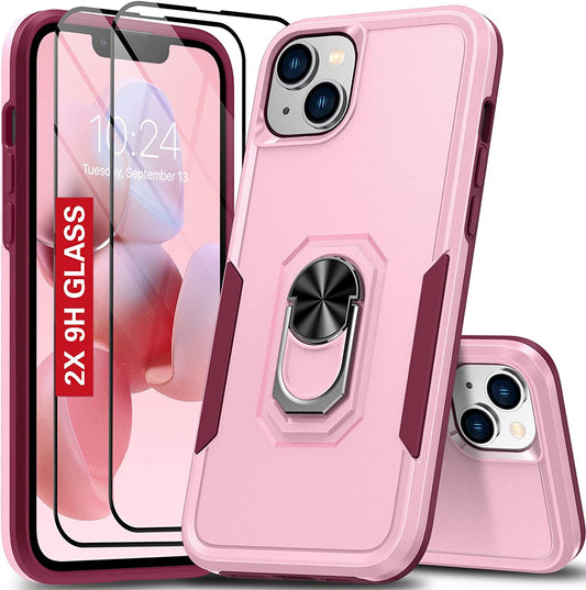 Oterkin for Iphone 14 plus Case, [4 in 1] Iphone 14 plus Phone Case with [2Pcs 9H HD Tempered Glass Screen Protectors][360°Rotatable Stand Ring][10Ft Military Grade] Case for Iphone 14 plus (Pink)  Oterkin   