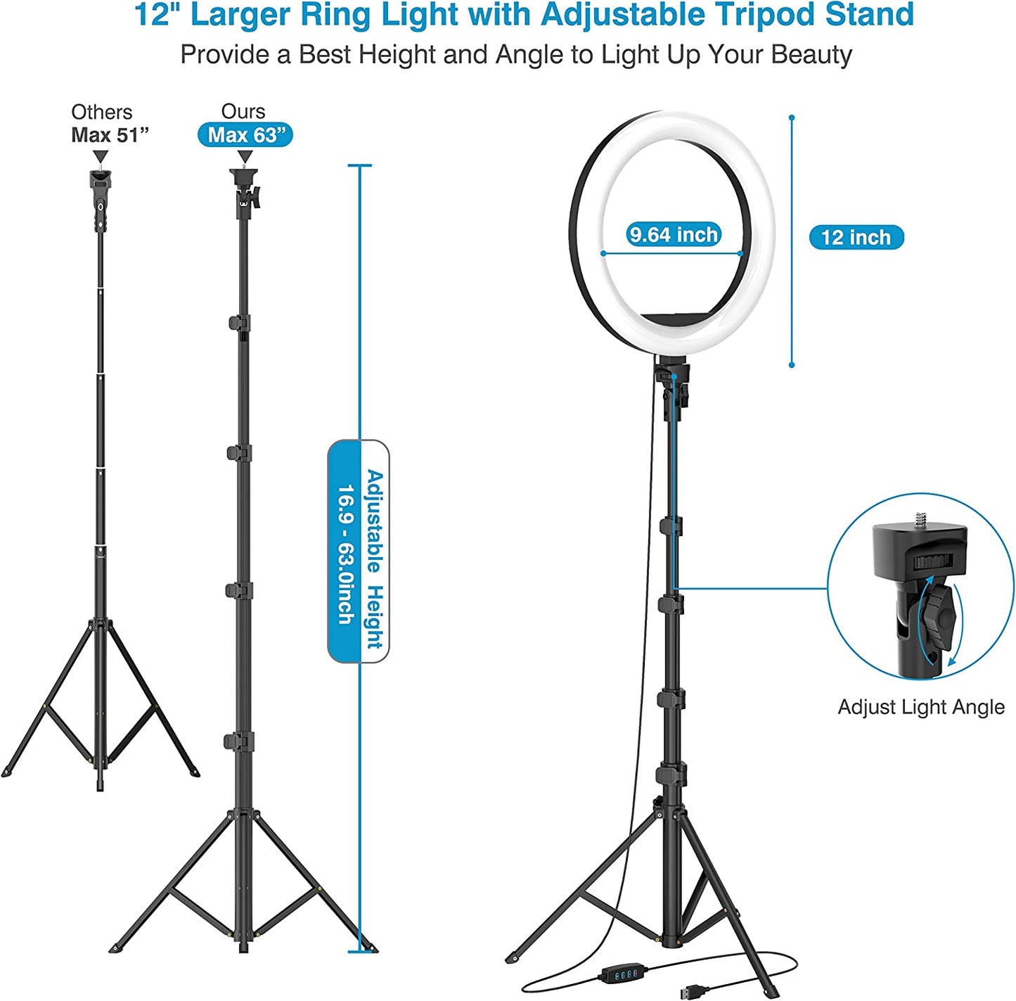 12" Selfie Ring Light with 63" Adjustable Tripod Stand and Phone Holder, LED Dimmable Ringlight with Remote, for Live Stream/Photography/Makeup/Youtube Video, Compatible with Cell Phones, Cameras  Waulnpekq   
