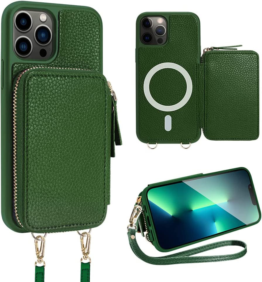 ZVE Iphone 14 Pro Crossbody Wallet Case Magsafe, Phone Case with RFID Blocking Card Holder Wrist Strap for Women, Zipper Leather Cover for Iphone 14 Pro, 6.1"-Black  ZVE Dark Green iPhone 13 Pro Max 