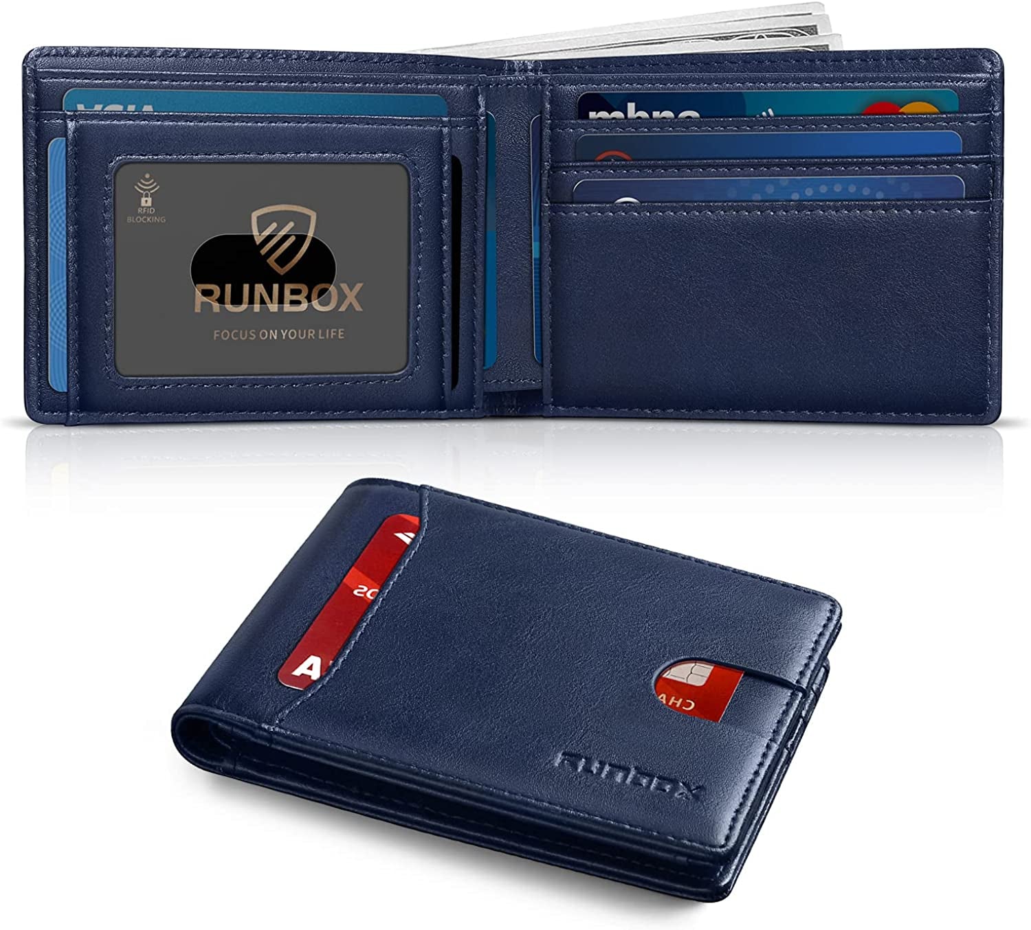 RUNBOX Bifold Slim Wallet for Men - Rfid Blocking Leather Front Pocket Men'S Wallet with Gift Box  RUNBOX oil blue  