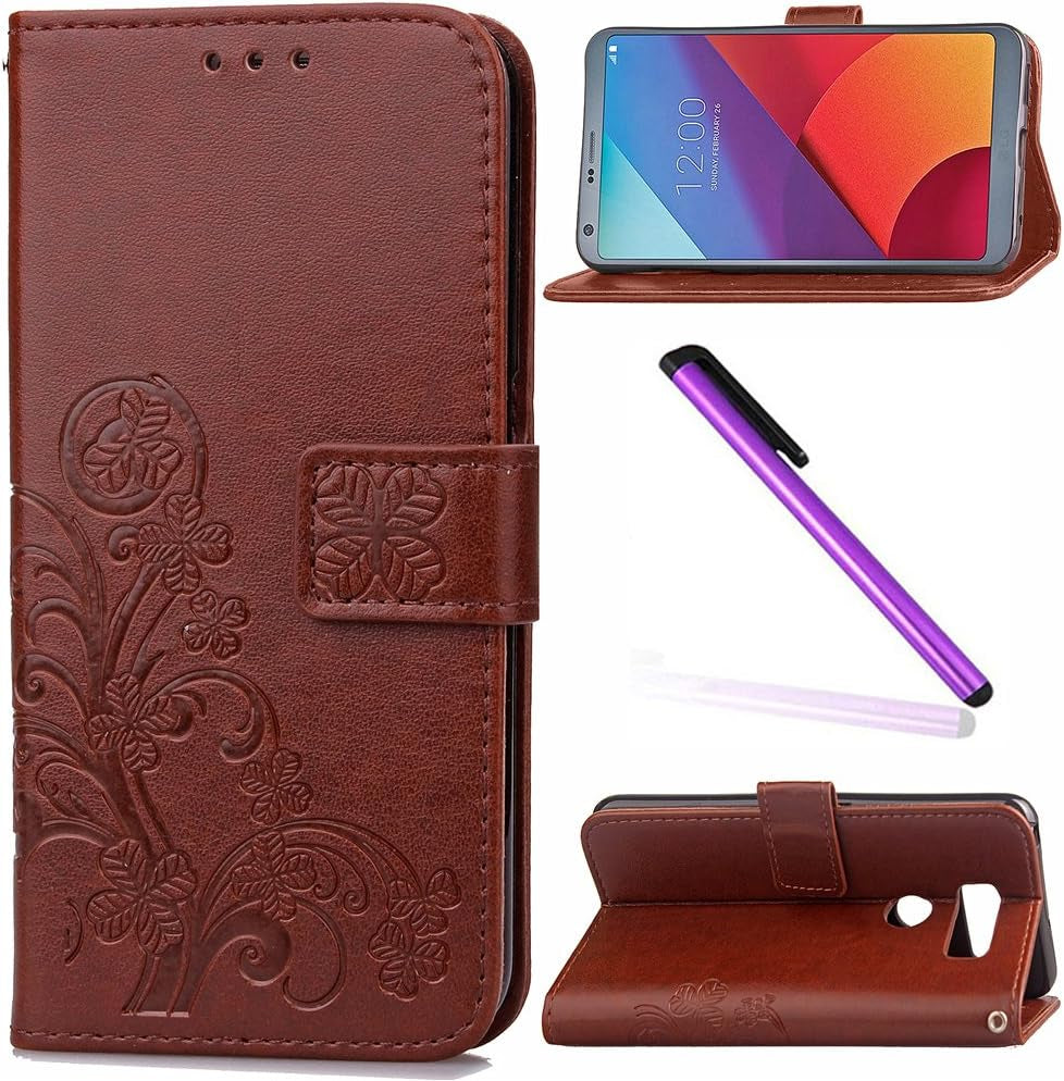 LG V30 Cover Case EMAXELER Colour Stylish Wallet Case Embossing Kickstand Credit Cards Slot Cash Pockets PU Leather Flip Protect Wallet Case for LG V30 Clover Black  EMAXELER Clover: Brown  
