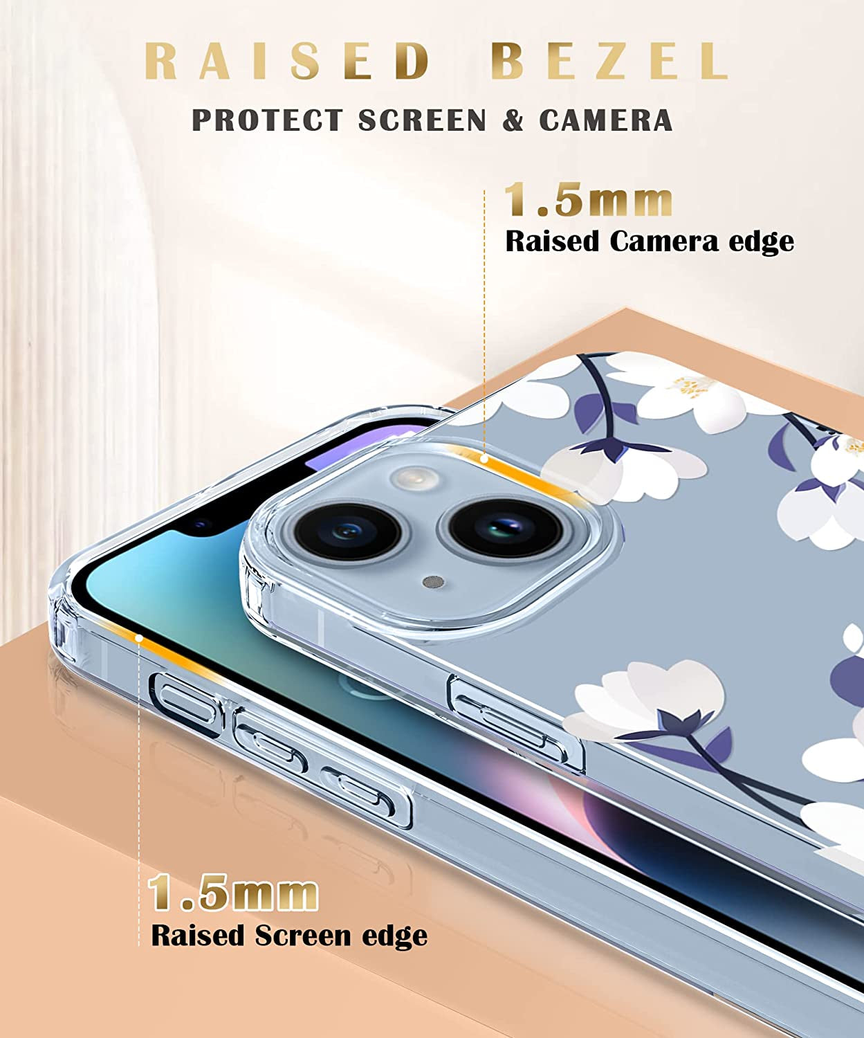 MIODIK Compatible with Iphone 14 Case with Screen Protector + Camera Lens Protector, [Anti-Yellow] Clear Floral Phone Case, Protective Shockproof Cover for Women Girls 6.1 Inch - Alyssum/White  MIODIK   