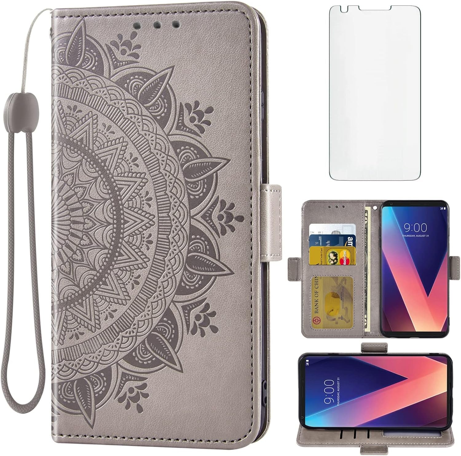 Asuwish Compatible with LG V35 Thinq V30 plus Wallet Case and Tempered Glass Screen Protector Credit Card Holder Flip Wrist Strap Cell Phone Cover for LGV30 LGV35 LG30 LG35 V 30 35 V30+ V30S H931 Grey  Asuwish   