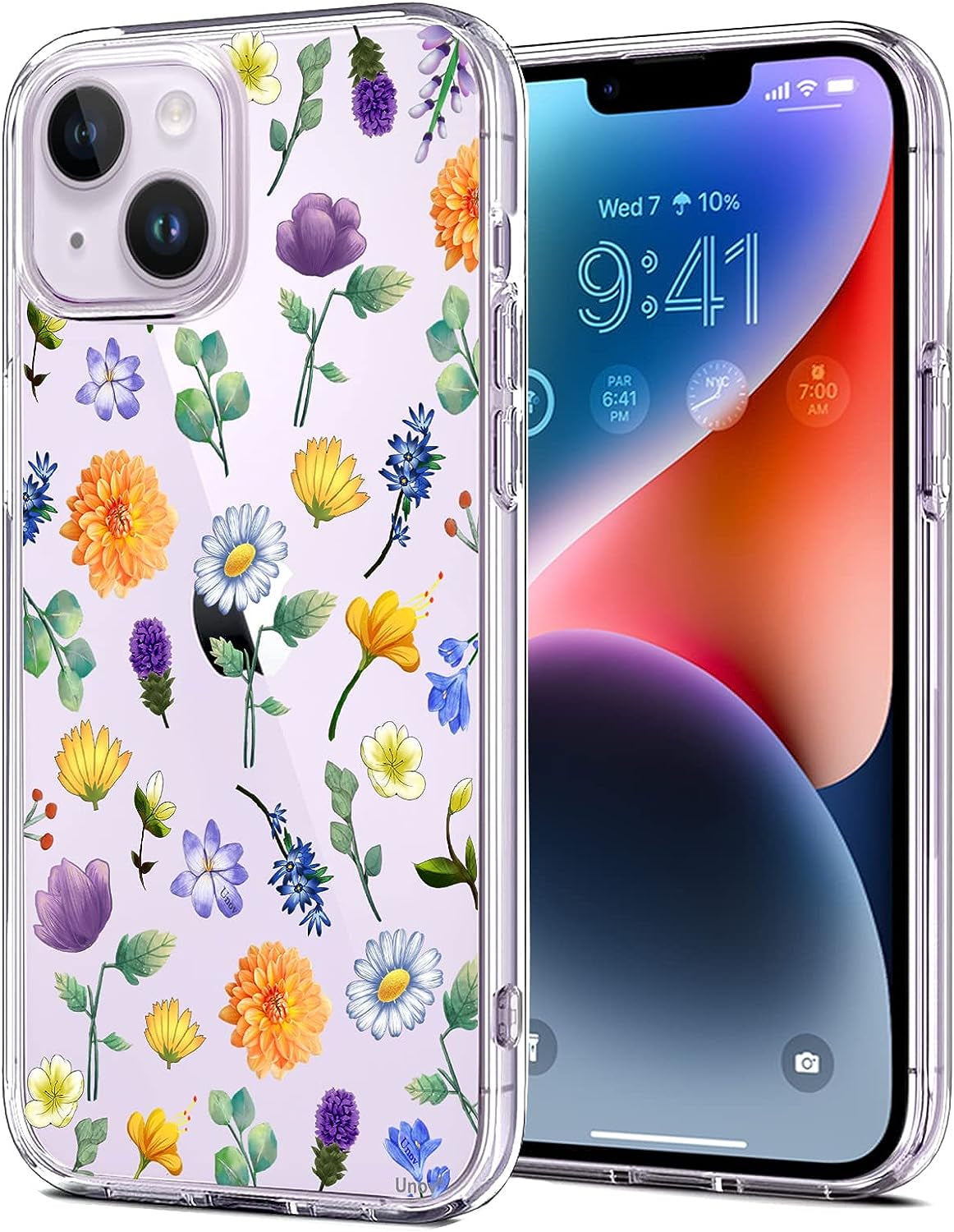 Unov Case Compatible with Iphone 14 plus Case Clear with Design Embossed Pattern Soft TPU Bumper Slim Protective 6.7 Inch (Great Wave)  Unov Flower Garden  