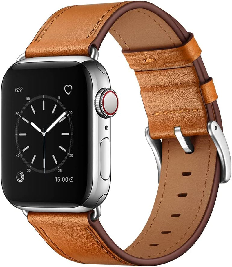 OUHENG Compatible with Apple Watch 49Mm 45Mm 44Mm 42Mm, Genuine Leather Band Replacement Strap Compatible with Apple Watch Ultra Series 8/7/6/5/4/3/2/1/SE2/SE, Black Band with Black Adapter  OUHENG Brown/Silver 49mm/45mm/44mm/42mm 