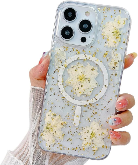 Ytanazing Magnetic Floral Case for Iphone 14 Pro Max [Compatible with Magsafe], Real Flowers Glitter Design Aesthetic Slim Shockproof Protect Sparkle Unique Silicone Phone Cover for Women Girls(Gold)  YTanazing   