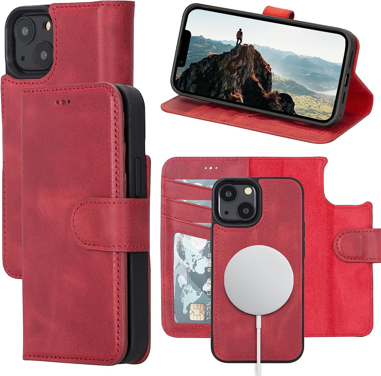 OXA Leather 2-In-1 Wallet Case Compatible with Iphone 14 Pro Max | Magnetic Detachable | Shockproof | RFID Blocking | Flip Case with Kickstand | Compatible with Magsafe | - Purple  OXA Red iPhone 14 Plus 