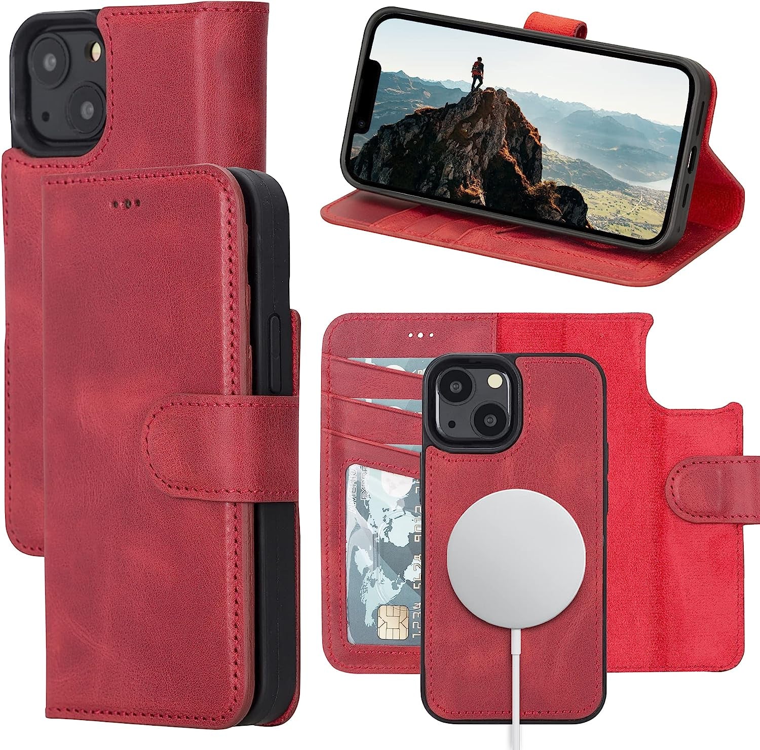 OXA Leather 2-In-1 Wallet Case Compatible with Iphone 14 Pro Max | Magnetic Detachable | Shockproof | RFID Blocking | Flip Case with Kickstand | Compatible with Magsafe | - Purple  OXA Red iPhone 14 Plus 
