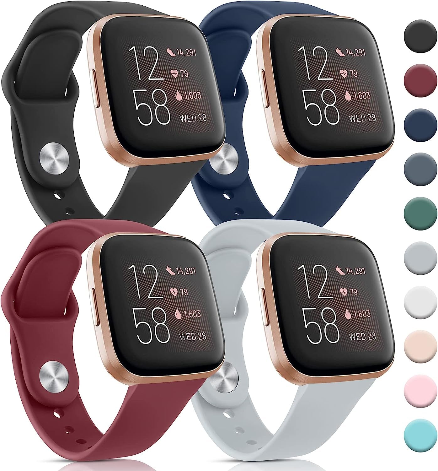 4 Pack Bands for Fitbit Versa 2 / Fitbit Versa/Fitbit Versa Se/Fitbit Versa Lite Bands for Women Men, Soft Silicone Replacement Bands for Fitbit Versa 2  Meliya D-Black/Navy Blue/Wine Red/Gray  