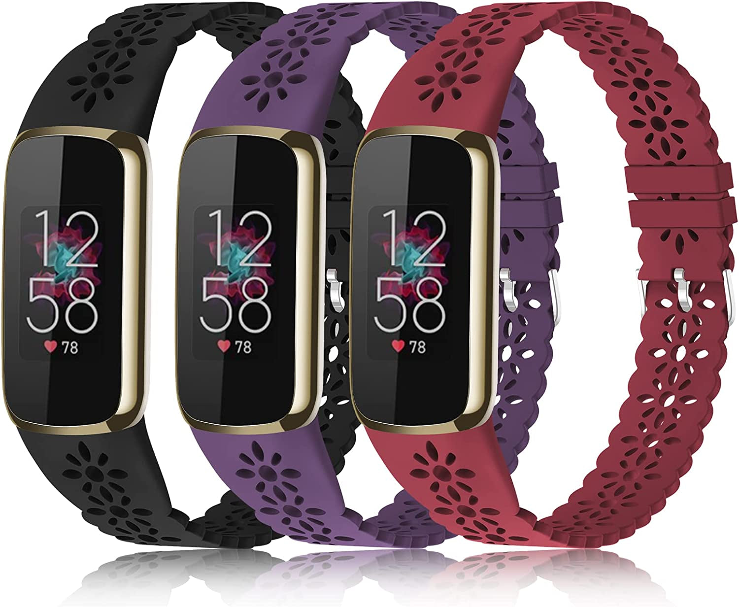 3 Pack Slim Sport Bands Compatible with Fitbit Luxe Band for Women, Soft Silicone Lace Thin Hollow-Out Replacement Wristbands Breathable Bands for Fitbit Luxe Fitness Smart Watch  Wewatri H-Black/Wine Red/Purple Suits for 5.6"-7.1" Wrists 