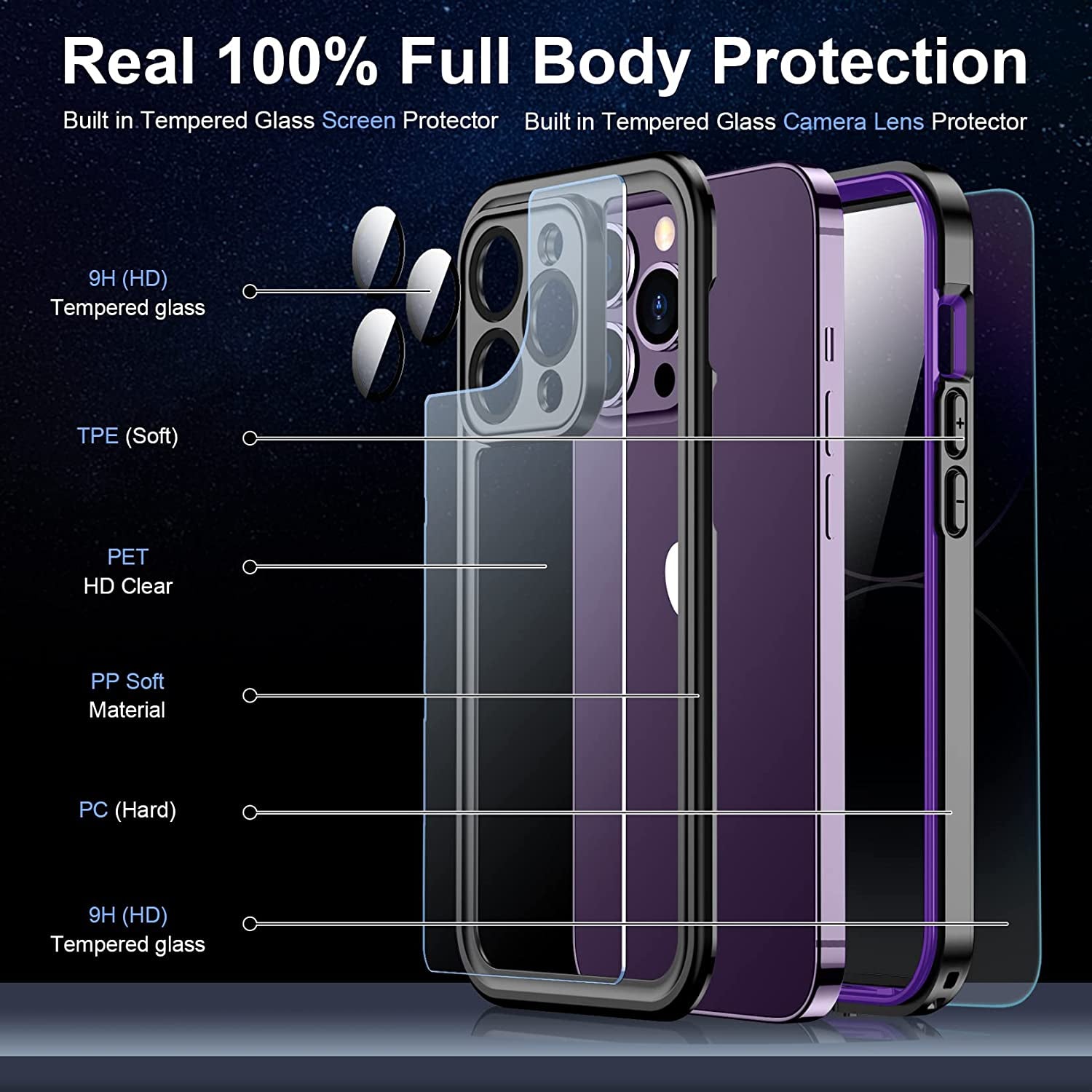 Temdan [Real 360 for Iphone 14 Pro Case Waterproof, Built-In 9H Tempered Glass Camera Lens & Screen Protection [14FT Military Dropproof][Full-Body Shockproof][Dustproof][Ip68 Underwater] Phone Case  Temdan   