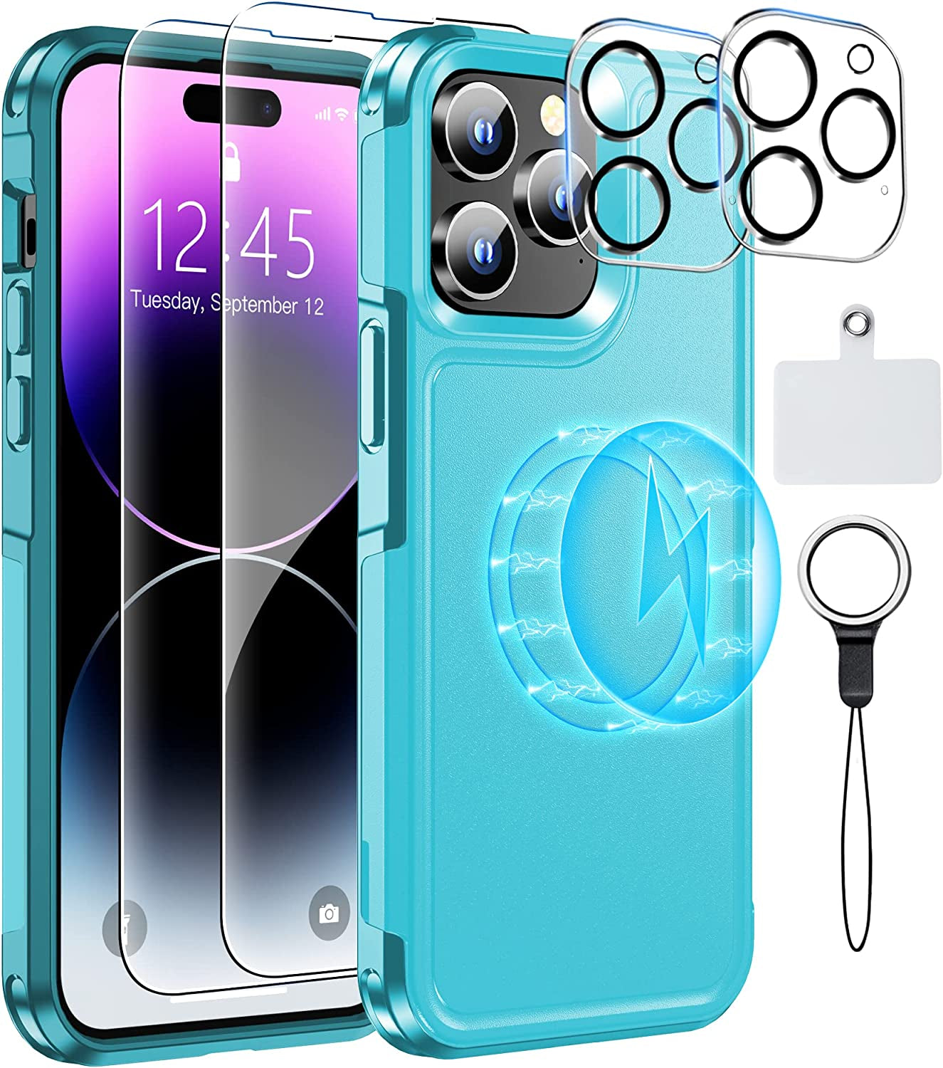 MOZOTER Magnetic for Iphone 14 Pro Max Phone Case [Compatible with Magsafe][Military Grade Drop Protection][Glass Screen Protector+Camera Lens Protector] Heavy Duty Shockproof Case 6.7 Inch-Black  MOZOTER Light Blue  