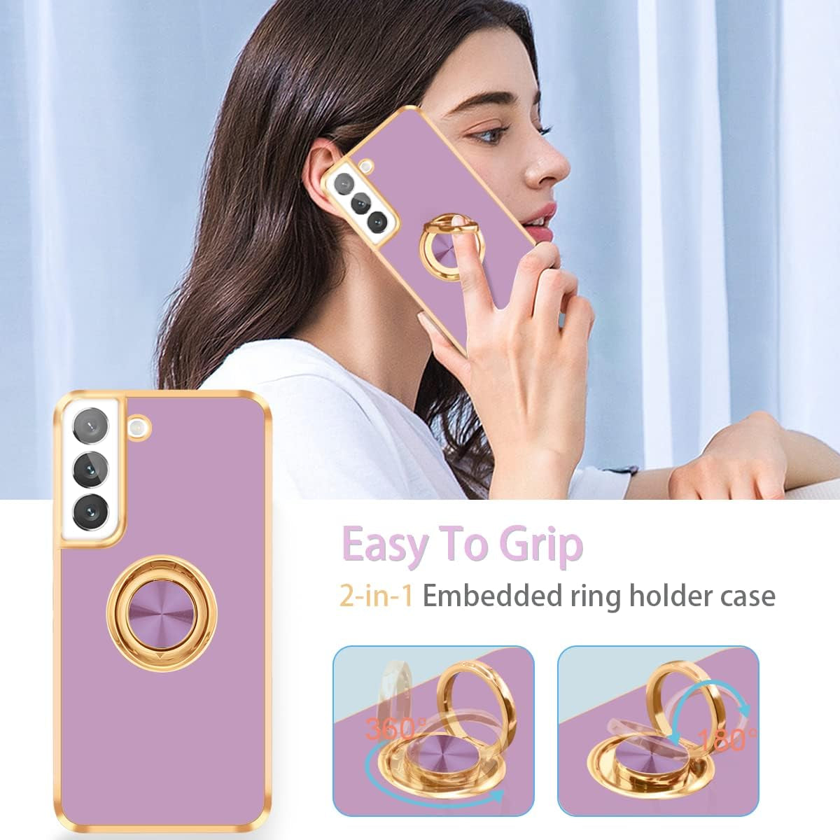 Fingic Samsung Galaxy S22 Case, Galaxy S22 Case with 360° Ring Holder Slim Kickstand Magnetic Support Car Mount Women Girls Soft TPU Protective Phone Case for Samsung Galaxy S22 6.1", Purple  Fingic   