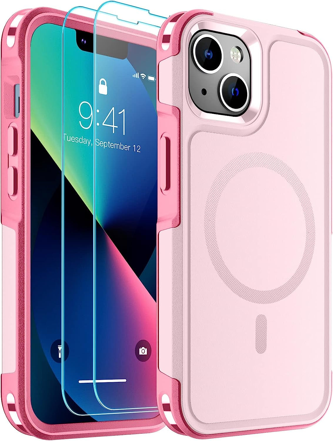 SUPFINE Magnetic for Iphone 13 Case Clear [Compatible with Magsafe][Never Yellow][2+Tempered Glass Screen Protector] Non-Slip Shockproof Phone Case,Flexible Bumper Designed for Thin Cover,Clear  SUPFINE Magnetic Pink Iphone 13 
